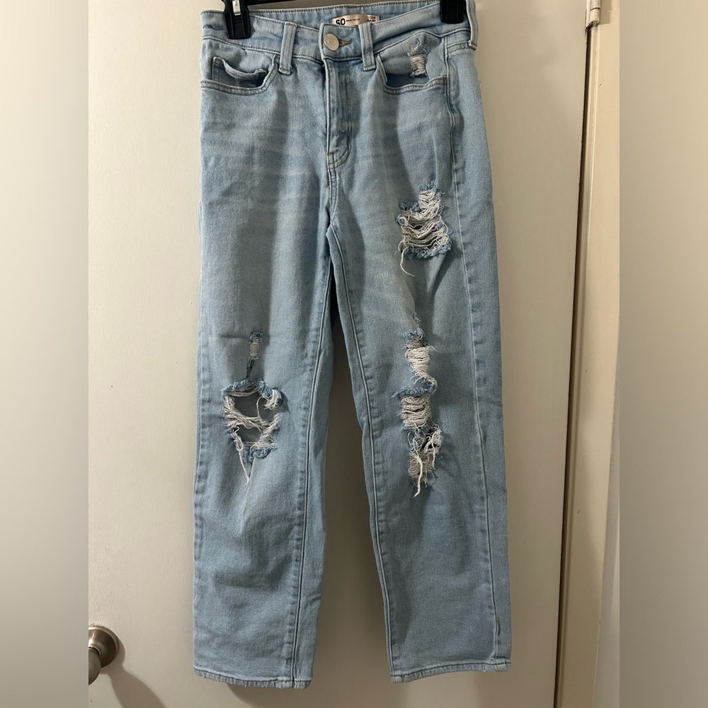 SO Light Blue Ripped High Rise Straight Leg Jeans